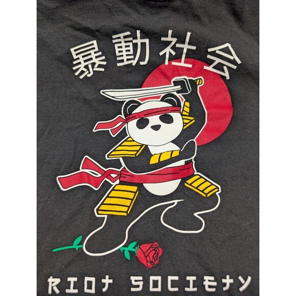 Riot Society Black Graphic T-Shirt Medium Panda Samurai Rose Rising Sun Japanese - Picture 3 of 7